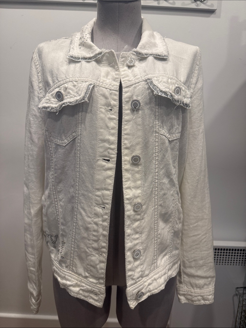 White Linen Blend Denim Style Jacket Medium
